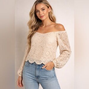 Flying Tomato XL Crochet Lace Off Shoulder Top Cream Boho Romant